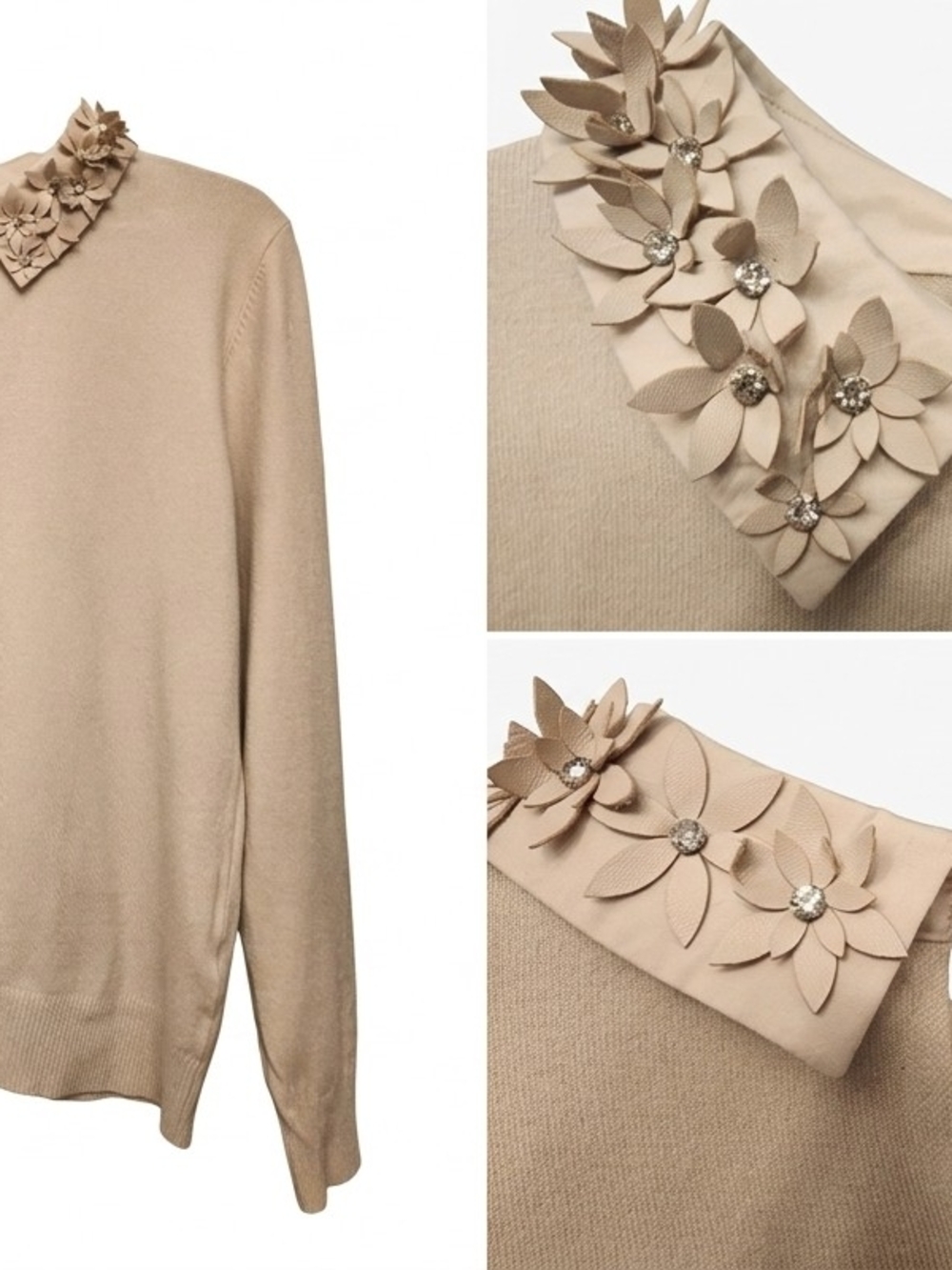 Sioni Cream Knit Top with Rainstones And Faux Leather Details.